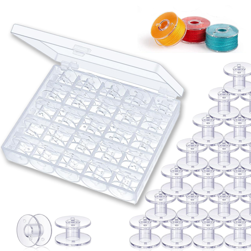 Bobbin Organizer Box - 25 ชิ้นจักรเย็บผ้าบ้านด้ายด้านล่าง Bobbin ชุดอุปกรณ์เย็บผ้าพลาสติกใส Spools พร้อมกล่องเก็บสําหรับ