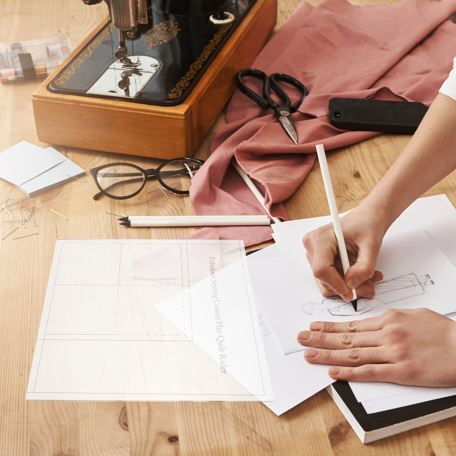 Quilting Ruler Square - ไม้บรรทัดอะคริลิกสำหรับงานควิลท์ พร้อมตัวช่วยตัดสี่เหลี่ยม สำหรับแม่แบบควิลท์ อุปกรณ์เย็บผ้า งานแพทช์เวิร์ค งานฝีมือ