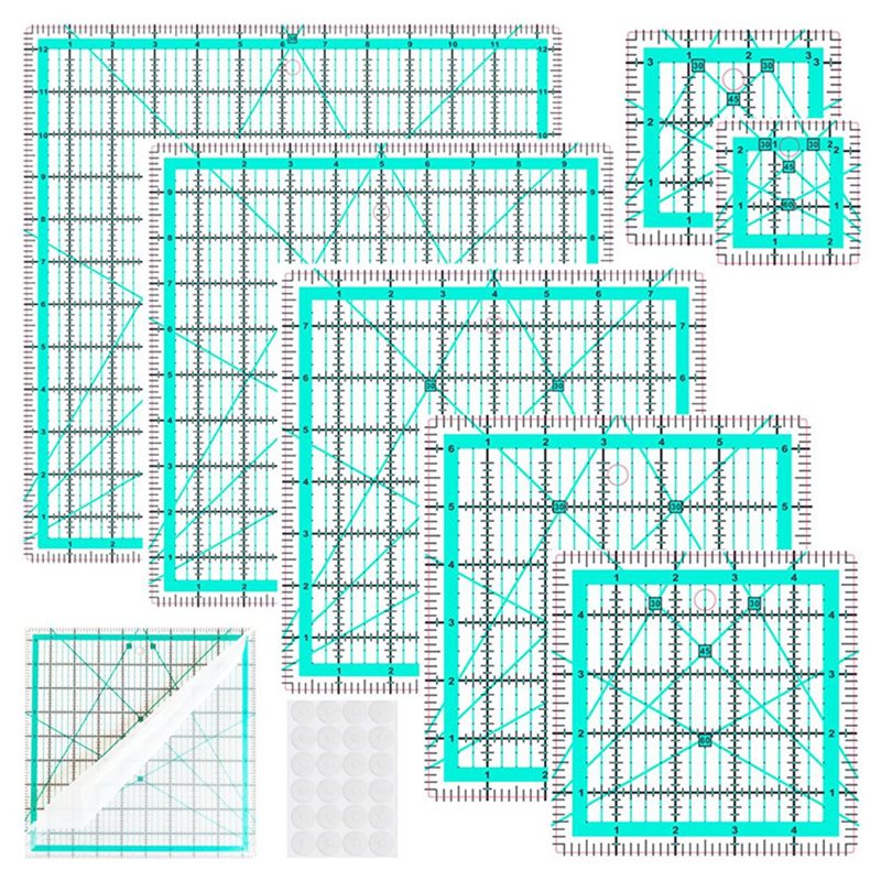 Quilting Ruler Square - A25F-บลู ไม้บรรทัดวัดคอเสื้อ 7 ชิ้น, ไม้บรรทัดวัดมุมสำหรับงานควิลท์ DIY
